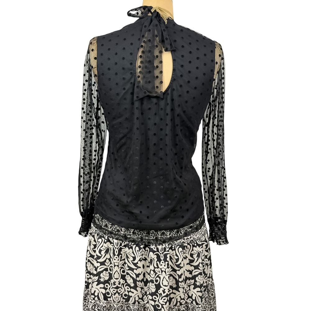 Gothic Sheer Mesh Polka Dot Blouse Mock Neck Bow Back‎ Victorian Lace Trim S - Picture 2 of 9